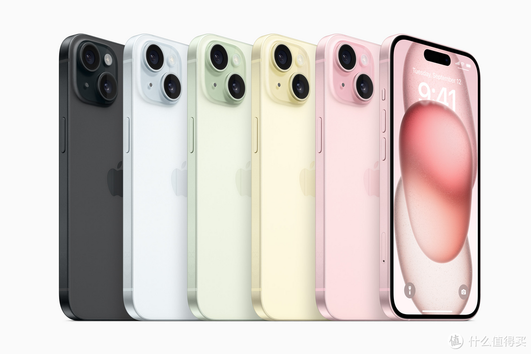 iPhone 15 和 iPhone 15 Plus 将提供五种绚丽的彩色外观：黑色、蓝色、绿色、黄色、粉色。