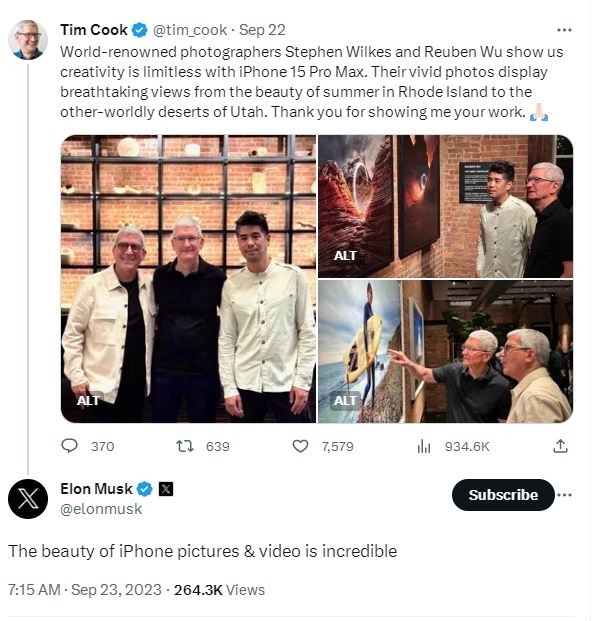 马斯克吐槽iPhone无新意后，又留言库克iPhone 15系列拍照好