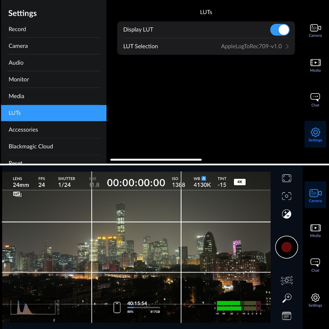 Blackmagic Cam支持套用LUT监看拍摄