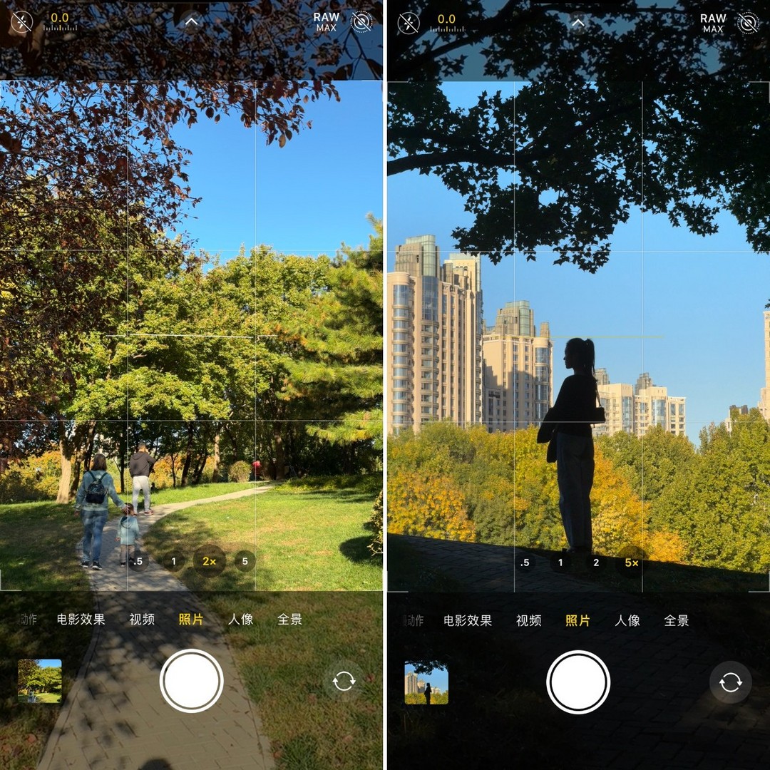 左：iPhone 15 Pro Max 2x视野；右：iPhone 15 Pro Max 5x视野