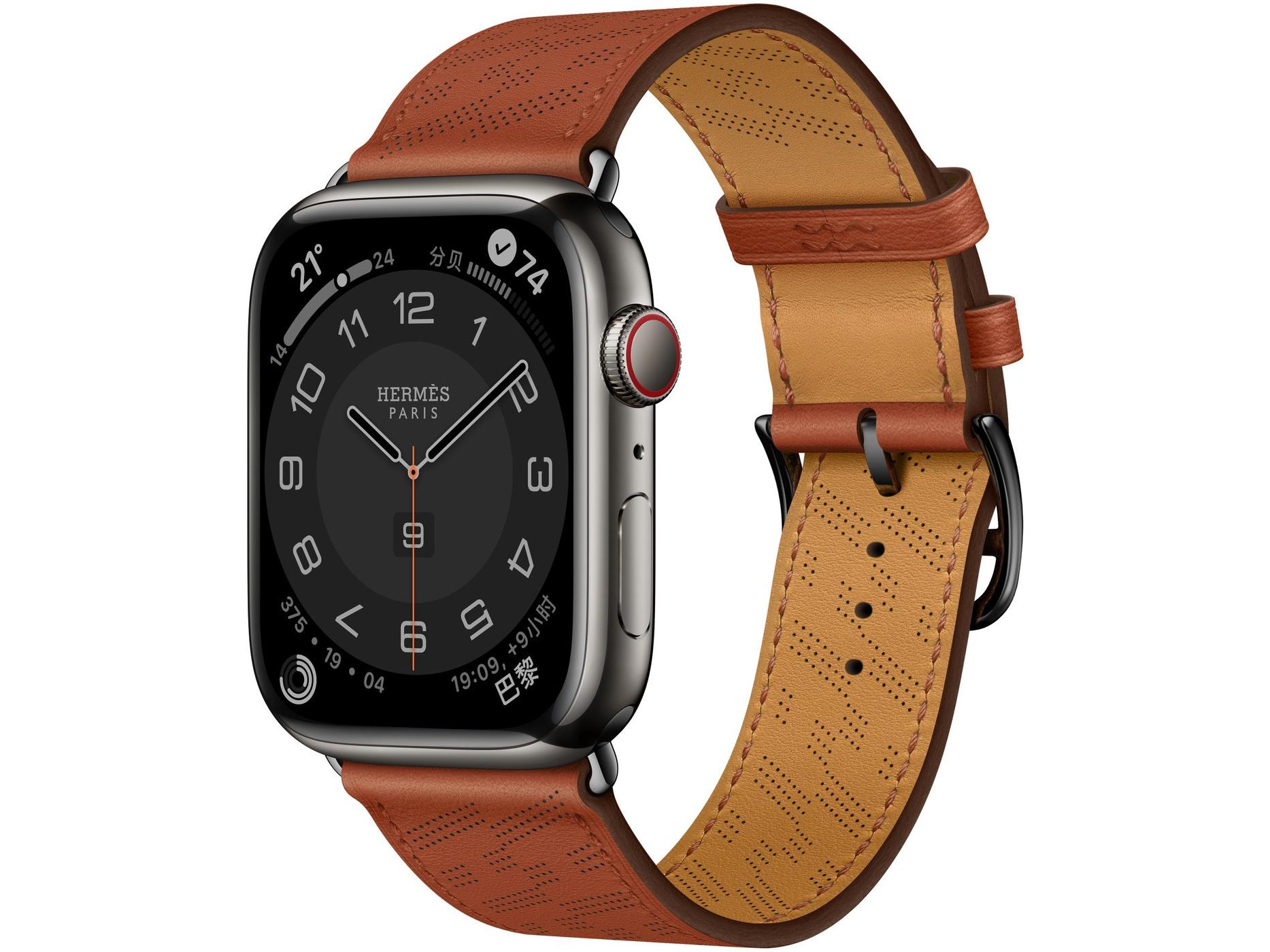 Apple（苹果）Watch Series 8 Hermès 深空黑色不锈钢表壳H Diagonal Single Tour 表带 Cuivre 铜红色 蜂窝网络