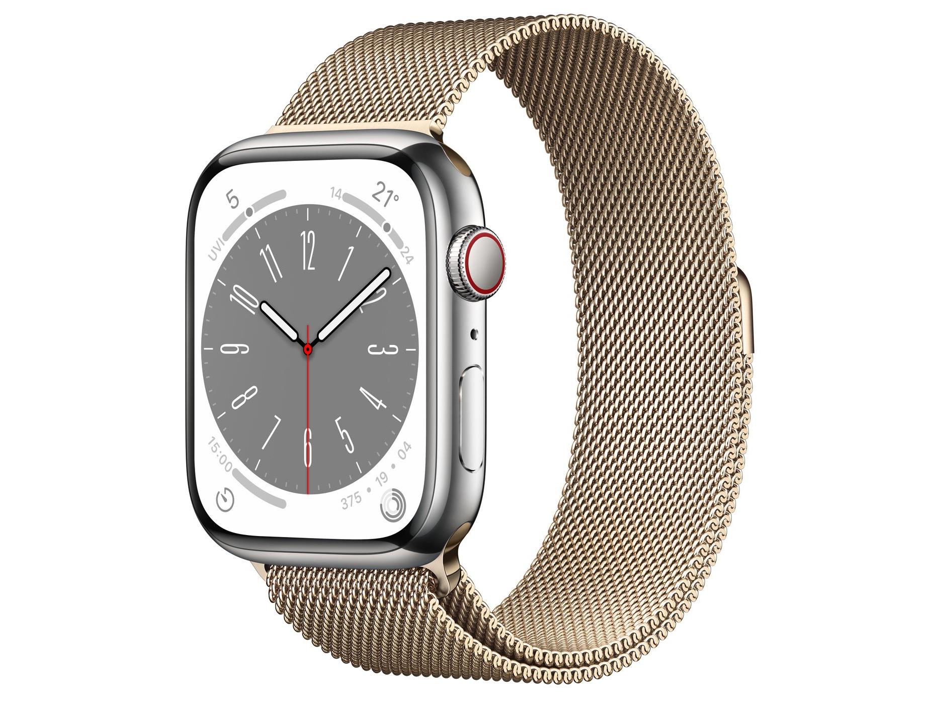 Apple（苹果）Watch Series 8银色不锈钢表壳米兰尼斯表带 金色 蜂窝网络 41mm