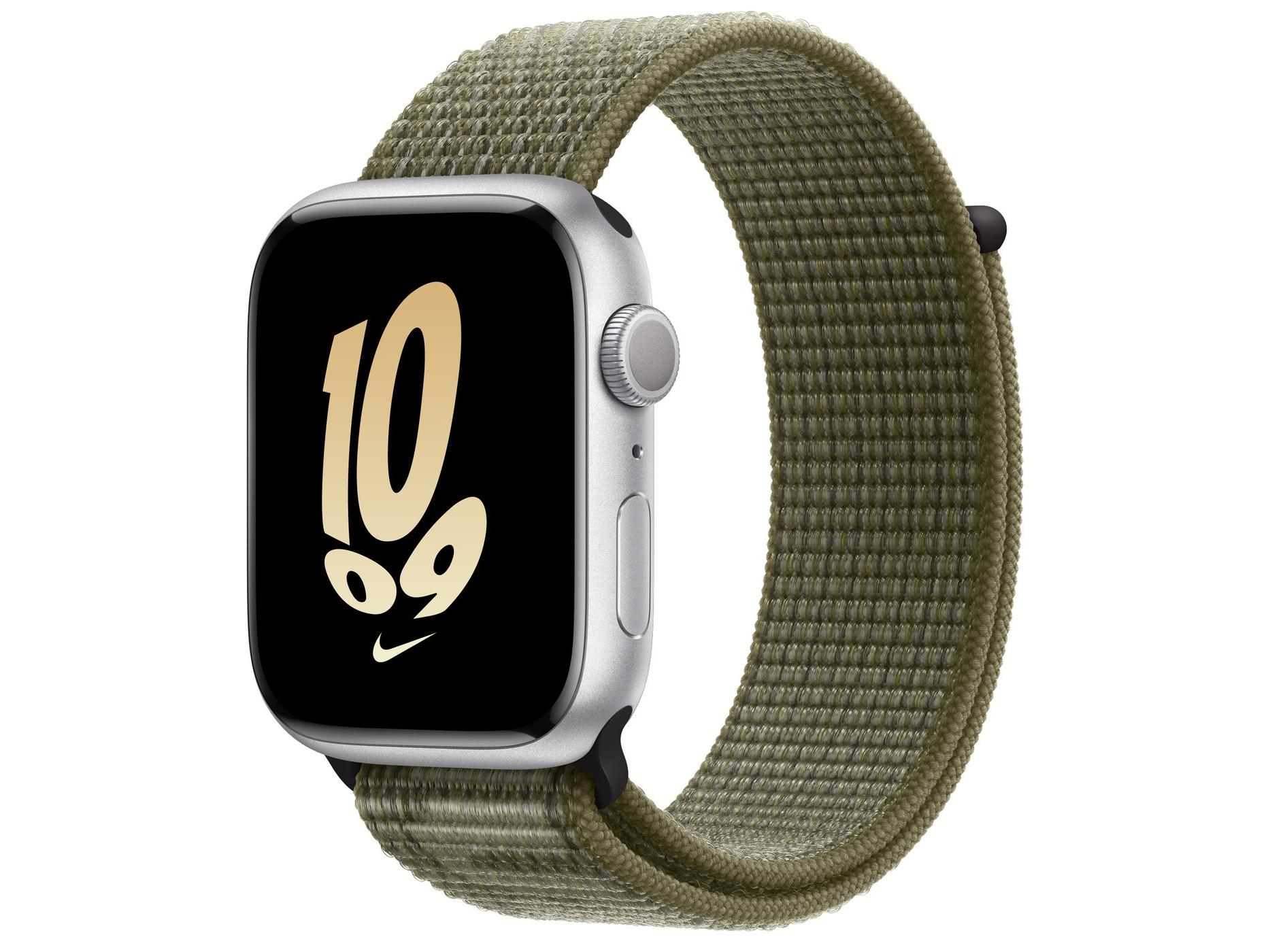 Apple（苹果）Watch Series 8银色铝金属表壳Nike回环式运动表带 暗杉绿配白金色 GPS版 41mm