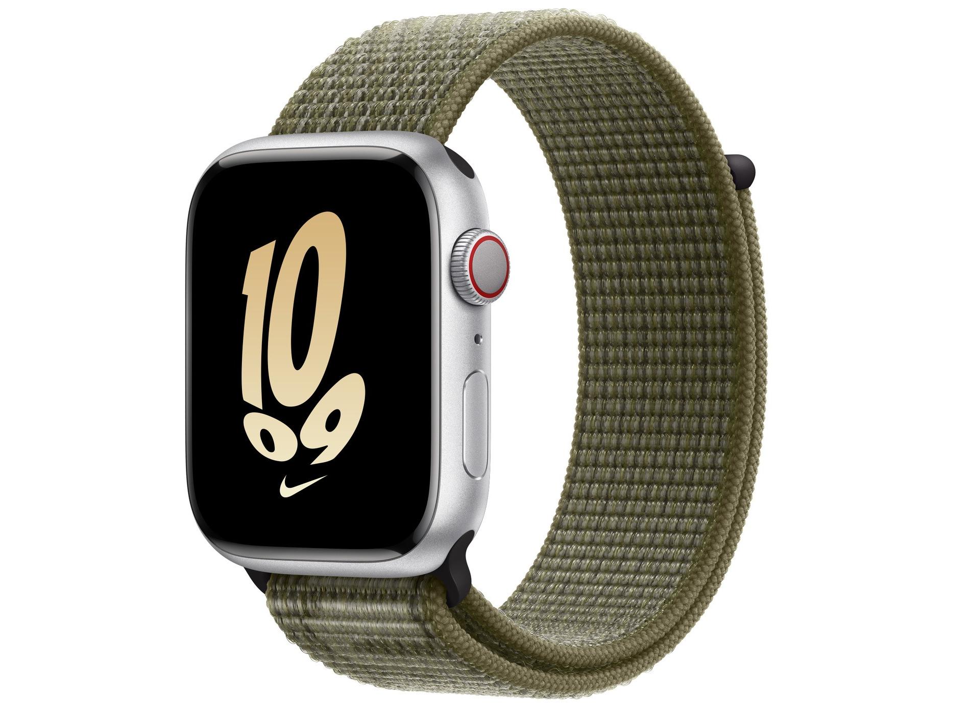 Apple（苹果）Watch Series 8银色铝金属表壳Nike回环式运动表带 暗杉绿配白金色 GPS+蜂窝网络 45mm