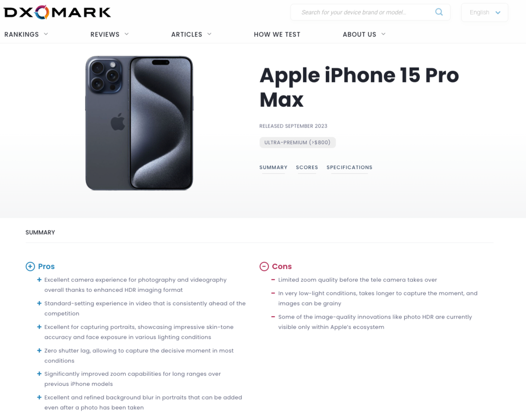 DXOMARK 公布 iPhone 15 Pro Max 影像测试成绩：得分 154 分，排名第二