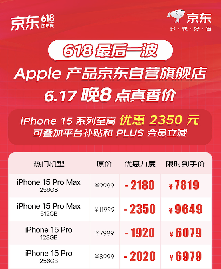 今晚8点来京东！iPhone15系列领券至高立减2350元